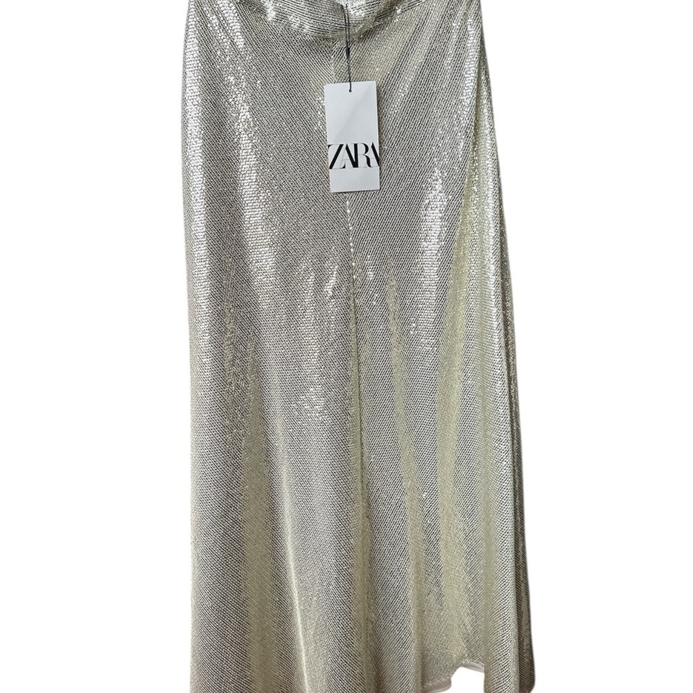 ZARA Silver Gold Metallic Small Sequins Midi Skater Skirt BNWT - Picture 7 of 8